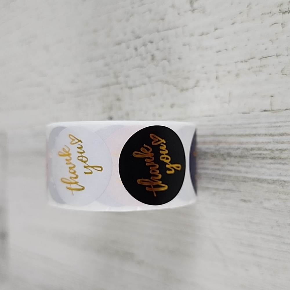 1 roll of 500 multi color Thank You stickers goldtone cursive heart 1" round NEW
